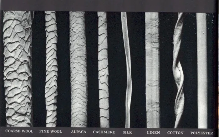Close-up black and white microscopic image showing the textures of fibers: coarse wool, fine wool, alpaca, cashmere, silk, linen, cotton, and polyester, each labeled at the bottom of the image.