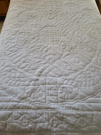 A close-up of a white quilt on a bed, featuring detailed stitched patterns of leaves and vines. The quilt texture and intricate stitching are clearly visible.