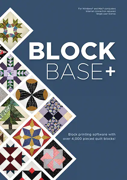 BlockBase+ software cover with quilt block images arranged in a diagonal line on a blue background. Text describes the software as block printing software with over 4,000 pieced quilt blocks..