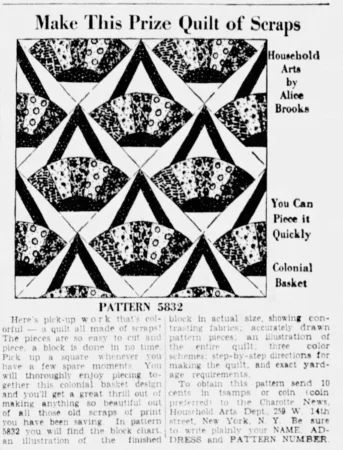 Black-and-white newspaper clipping showing a geometric quilt pattern called Colonial Basket by Alice Brooks, with quilt blocks arranged in rows and text describing the pattern and how to make the quilt.