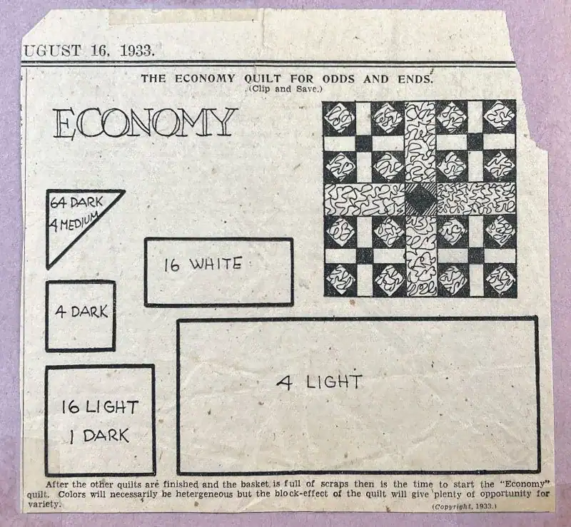 A vintage quilt pattern from 1933 titled Economy, showing labeled fabric cut sizes and a black-and-white illustration of the quilt block design with notes for using fabric scraps.