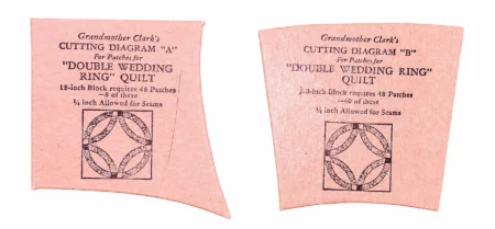 Grandmother-Clarks-cardboard-template-DWR Two pink fabric templates labeled Cutting Diagram A and Cutting Diagram B for Grandmother Clarks Double Wedding Ring quilt, each with diagram, instructions, and seam allowance details for making quilt patches.