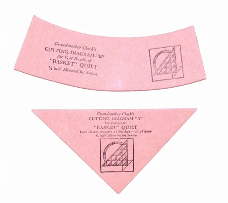 Grandmother-Clarks-cardboard-template-basket Two pink paper quilt templates labeled Cutting Diagram A and Cutting Diagram B for a Basket quilt, each with seam allowance instructions and a small quilt block diagram.