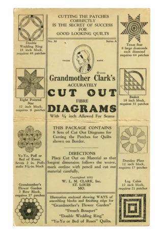 Grandmother-Clarks-cardboard-template-cover A vintage quilt pattern instruction sheet, reminiscent of the Grandmother Clark Quilt Booklets, shows various quilt block designs, cutting instructions, diagrams, and text directions for making quilt patches with seam allowances. Each block requires a specific number of fabric pieces.