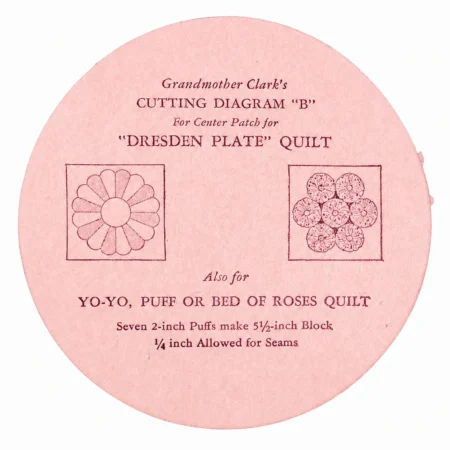 Grandmother-Clarks-cardboard-template-dresden-plate-center Pink circular diagram labeled Cutting Diagram B for Dresden Plate quilt center patch, also for yo-yo, puff, or bed of roses quilts, with patterns and instructions for fabric cutting and seam allowances.