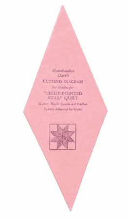Pink diamond-shaped paper with text showing a cutting diagram for Eight-Pointed Star quilt patches, including seam allowance info and a small star illustration at the bottom.