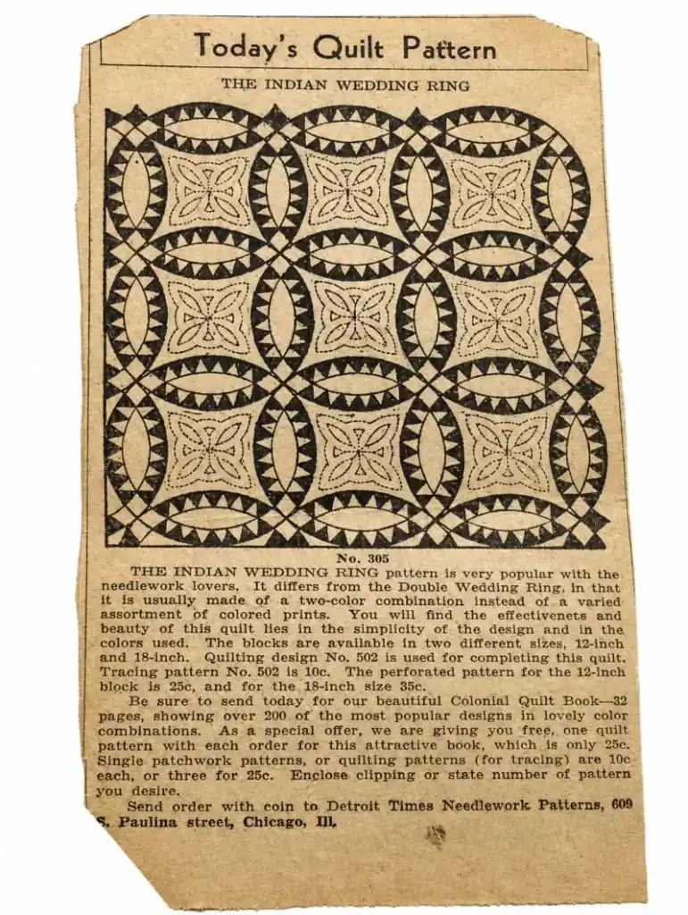 Indian Wedding Ring, Laura Wheeler A vintage newspaper clipping titled Todays Quilt Pattern: The Indian Wedding Ring features a black-and-white quilt diagram and text instructions for making the quilt, capturing the timeless style of Depression Era Quilts.