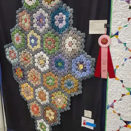 Patchwork quilt with colorful hexagon flower patterns displayed on a black background, awarded a pink ribbon. Quilt appears in a competition setting with cards and a partial view of another quilt on the right.