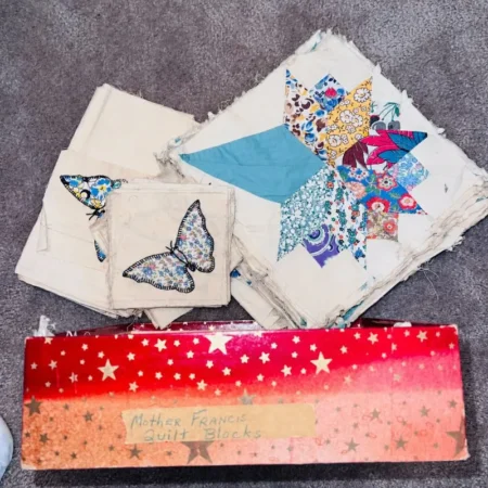 A red star-patterned box labeled Mother Francis Quilt Blocks sits on a gray carpet beside quilt blocks, including pieces with butterfly and star patterns in various colorful fabrics.