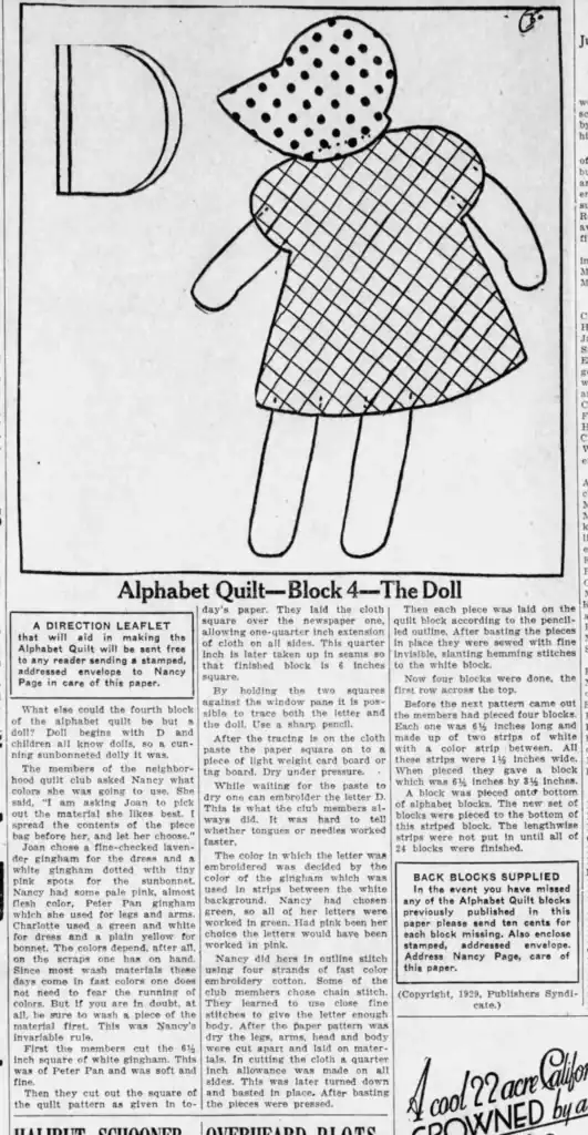 Nancy-Page-Alphabet-Blocks-D A black-and-white illustration of a doll with a polka-dot bonnet and checked dress. The letter D is in the top left. Text instructions and information about the Alphabet Quilt—Block 4—The Doll fill the rest of the page.