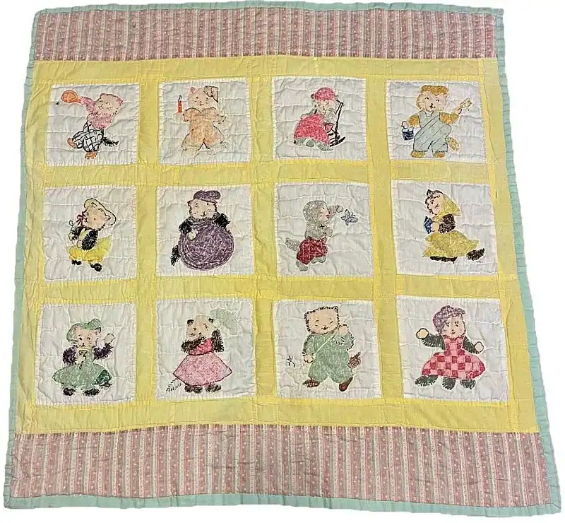 Nursery Rhymes Quilt A handmade quilt with pastel borders features twelve panels, each showing a unique, colorful, appliqued figure of a playful child in different outfits and poses—a delightful piece preserved in the QHL Archives April 1997.