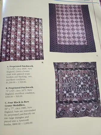 Page-135 of Antique Quilts & Textiles shows three antique patchwork quilts with geometric patterns, including an example of cheater cloth faux patchwork, are displayed vertically with descriptions beneath each. The background is yellow.