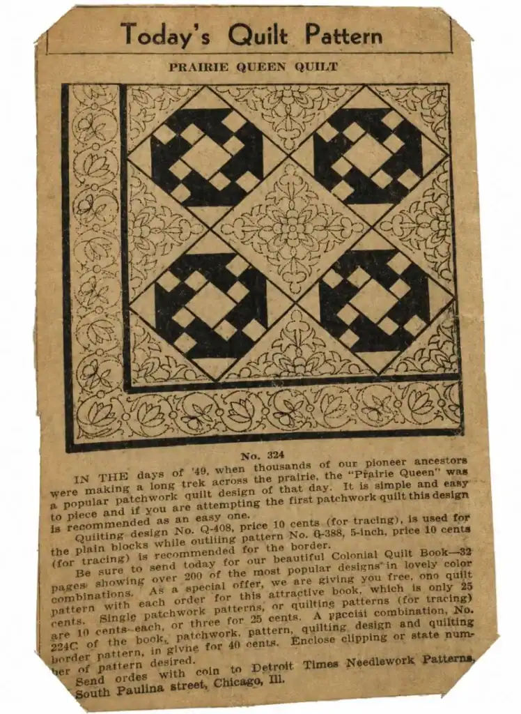Prairie Queen Laura Wheeler A vintage newspaper clipping titled Todays Quilt Pattern showcases a Prairie Queen quilt design, reminiscent of Depression Era Quilts, featuring four blocks with geometric patterns and a decorative border, along with descriptive text and instructions below the image.