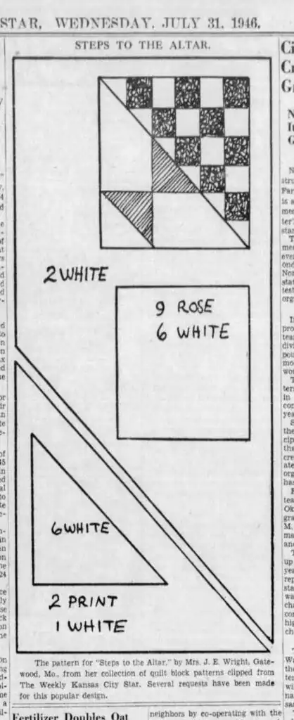 Black-and-white quilt block patterns labeled with numbers and colors (white, rose, print) are shown above the caption in this 1946 newspaper clipping titled Steps to the Altar, beautifully reflecting the timeless charm of Depression Era Quilts.