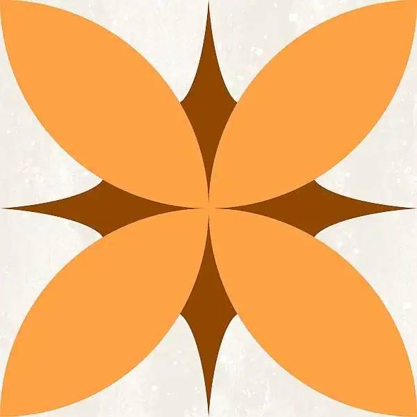 Four orange petal shapes form a flower pattern with brown diamond shapes between them, set against a light textured background.