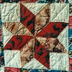 A close-up of a quilt showcasing a star pattern with alternating red and beige floral fabrics, bordered by white and a multicolored edge. The stitching creates a textured, hand-sewn look—an exquisite detail for those interested in dating vintage quilt blocks.