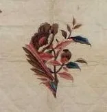 broiderie-perse-featured-image A simple, vintage floral pattern featuring a red and brown flower with green and brown leaves on a beige, textured background.