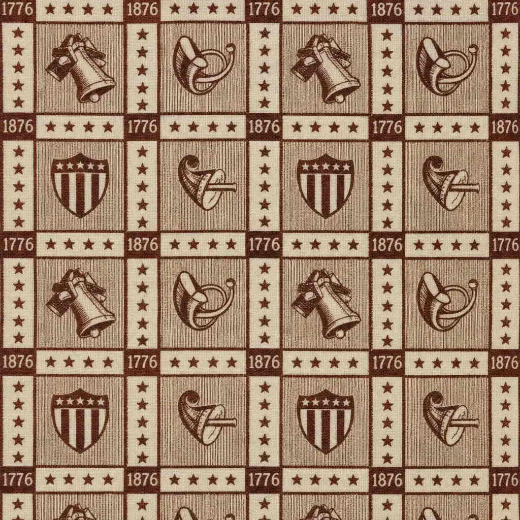 A repeating pattern of squares featuring the Liberty Bell, 1776, 1876, a shield with stars and stripes, and a feather quill, all in brown tones on a beige background.