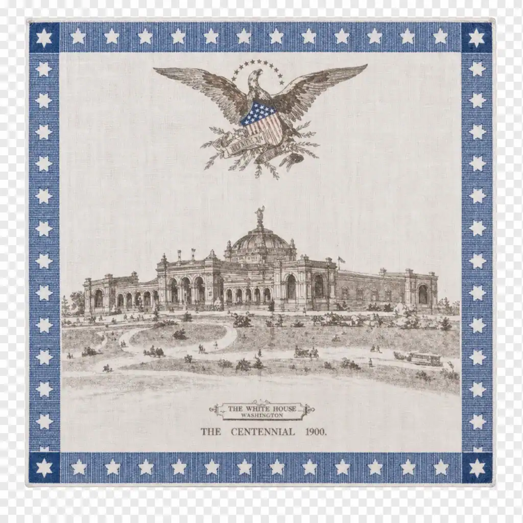 A vintage illustration of the White House Centennial 1900, featuring an eagle with a shield above a detailed drawing of the building, bordered with blue and white stars.