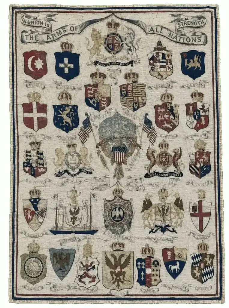 A tapestry displays various national coats of arms, shields, and flags, with the phrase Union is Strength at the top and The Arms of All Nations in the center.