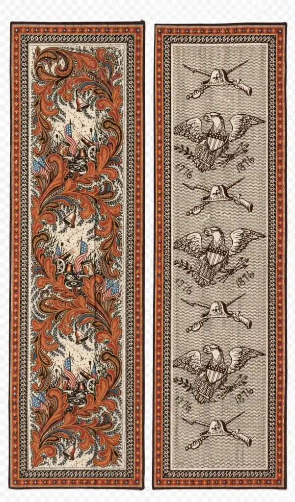 Two long, rectangular scarves: one with ornate orange swirls and blue shields, the other with repeated sketches of eagles clutching arrows and shields labeled 1816 on a beige background.
