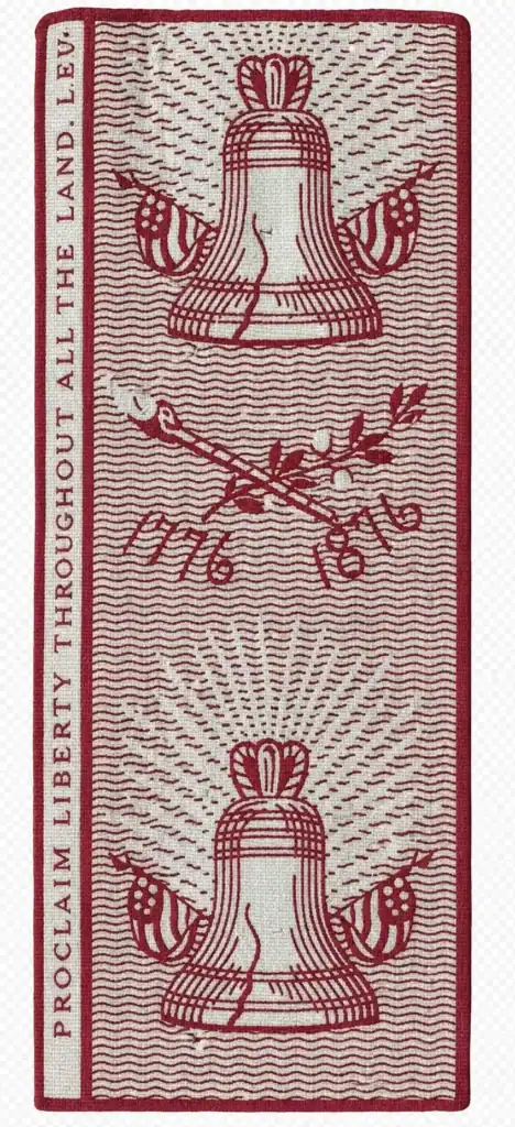 Red and white textile featuring two Liberty Bells with rays and American flags. Text reads PROCLAIM LIBERTY THROUGHOUT ALL THE LAND LEV, with 1776 and 1876 in the center.