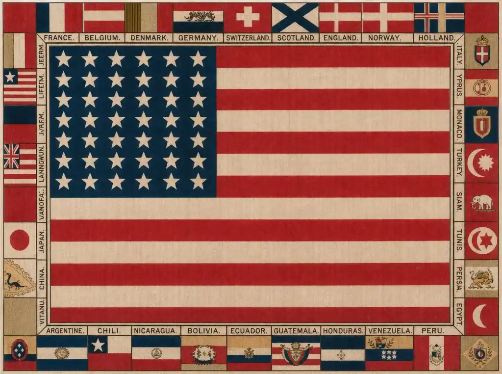 A vintage American flag with a border of international flags and country names, including France, Germany, Japan, and others, surrounding the flag on all sides.