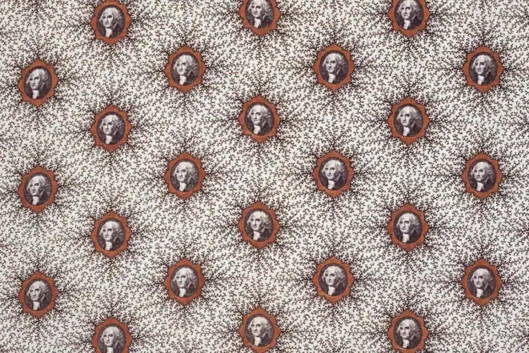 A repeating pattern of George Washington portraits, each framed by an ornate border, set against an intricate, decorative background resembling the design found on U.S. dollar bills.