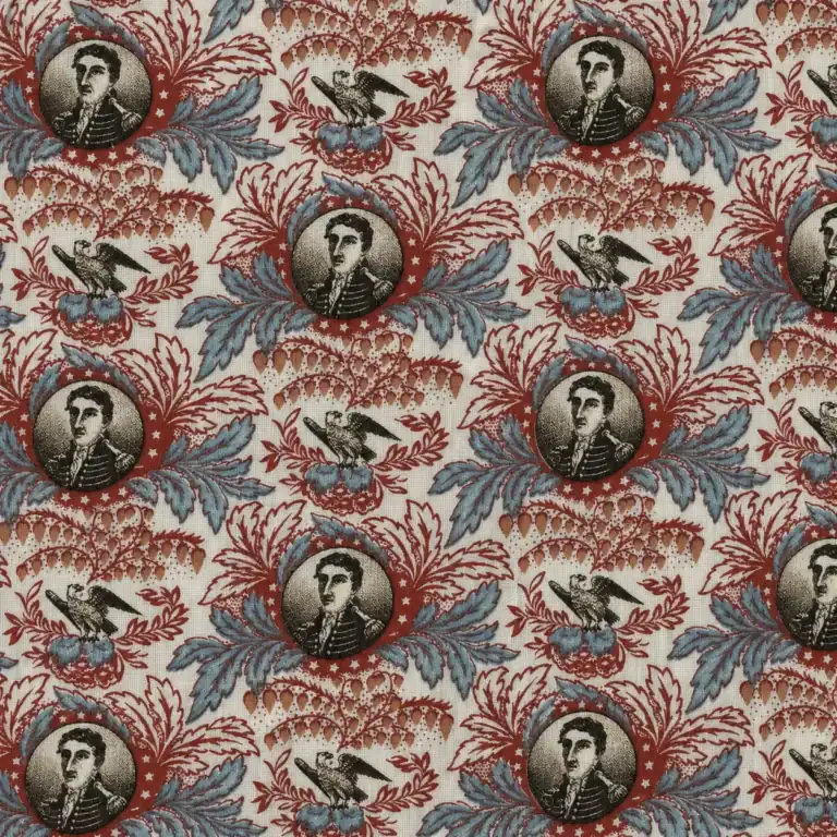 A repeating pattern with vintage portraits of a man in uniform inside red laurel wreaths, surrounded by blue floral designs and black eagles on a beige background.