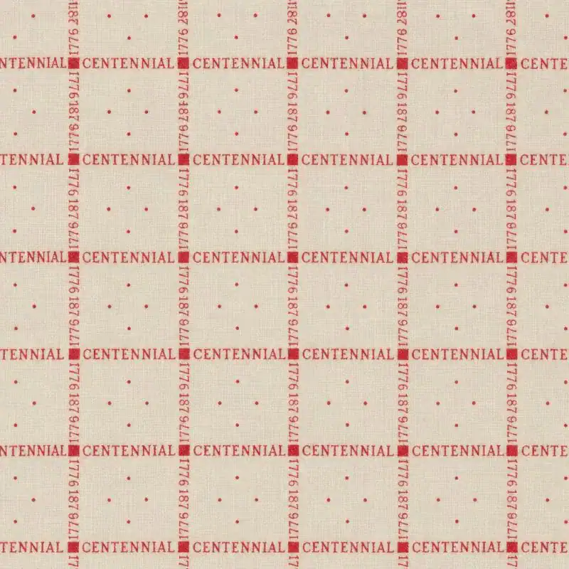 A beige fabric pattern with red dotted lines forming squares. Inside the squares, 1776 1876 and CENTENNIAL alternate in red text, with small red dots at intersections.