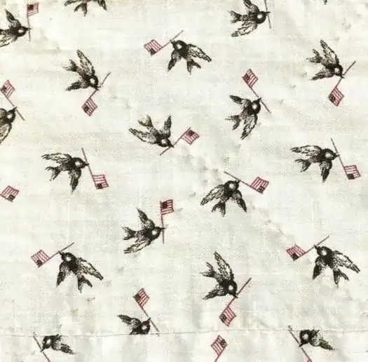 Centennial Print of Patterned fabric with small black birds holding pink flags in their beaks, scattered evenly over an off-white background. The image has a vintage, rustic feel.