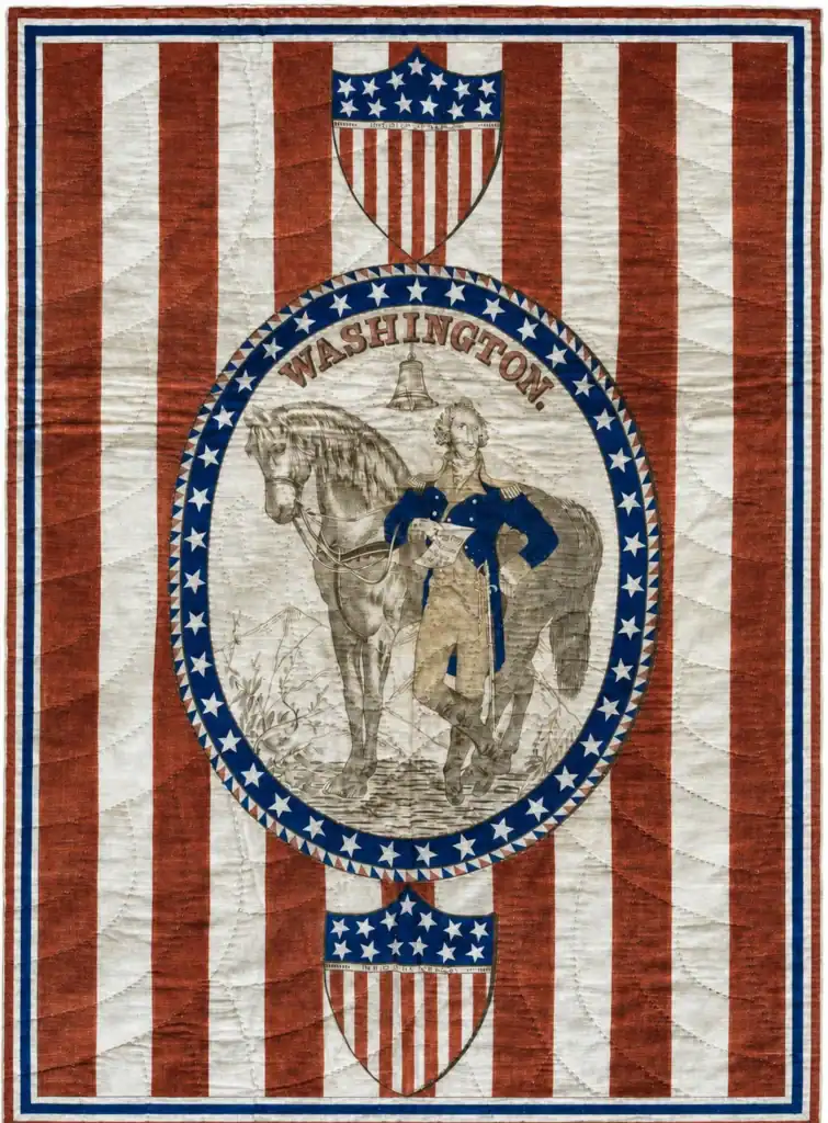 An illustration of George Washington with a horse, set in an oval frame of stars on a red and white striped background, with shield emblems above and below the frame.