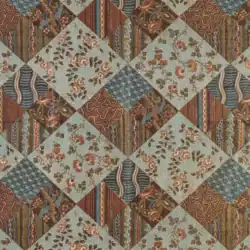 colonial-williamsburg fabric fragment Patchwork quilt pattern with alternating diamond shapes featuring floral prints, wavy stripes, and geometric designs in shades of brown, teal, and blue. This cheater cloth faux patchwork design creates a repeating, intricate visual texture.