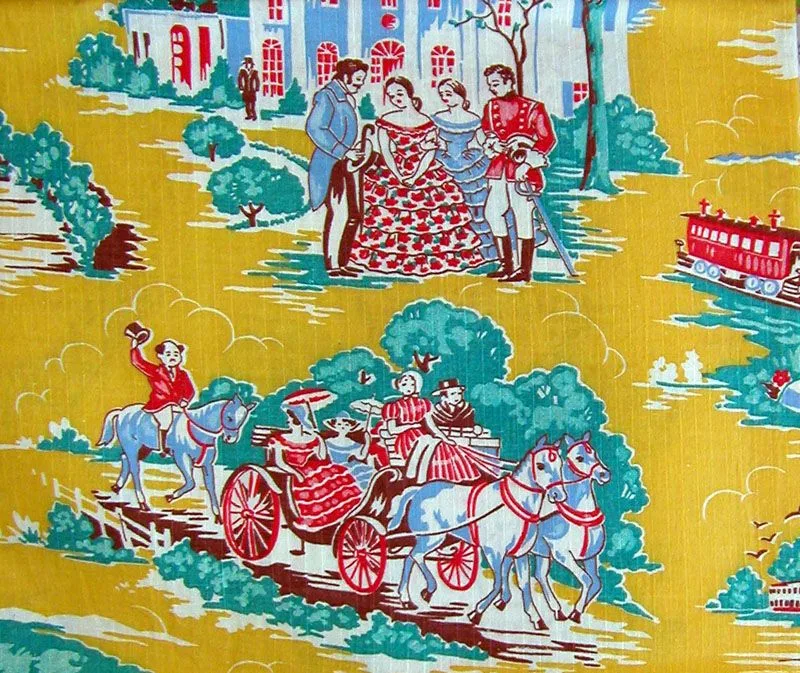 Gone with the Wind Colorful vintage-style fabric with scenes of people in old-fashioned clothing, a couple riding in a horse-drawn carriage, others standing in front of a building, and a red train on a bright yellow background.