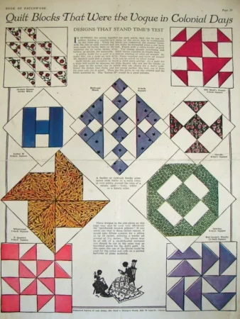 A vintage magazine page displays nine colorful quilt block patterns with descriptions and an illustration of two women in colonial dresses at the bottom. The title reads Quilt Blocks That Were the Vogue in Colonial Days..