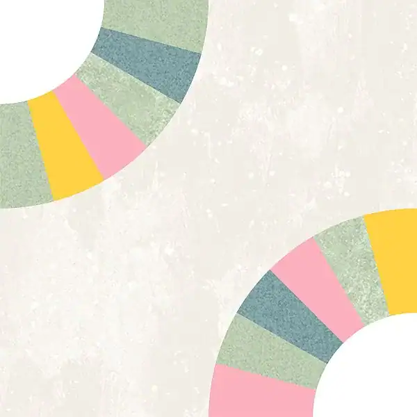 rattlesnake quilt block Abstract image with two partial rings in the corners. Each ring is divided into colorful segments of yellow, green, blue, and pink, set against an off-white, slightly textured background.
