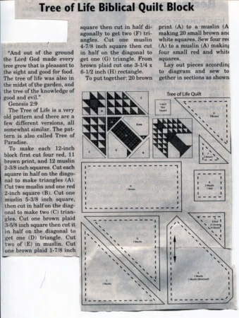 A newspaper page shows a Tree of Life Biblical Quilt Block pattern, with quilt diagrams, fabric cutting instructions, and a Bible verse from Genesis 2:9. Black and white quilt block templates are labeled A, B, and G.