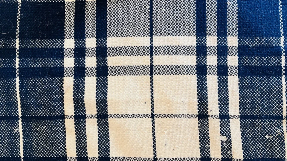 Linsey quilt. A close-up of a woven fabric with a blue and white plaid pattern, featuring horizontal and vertical lines creating a grid design.