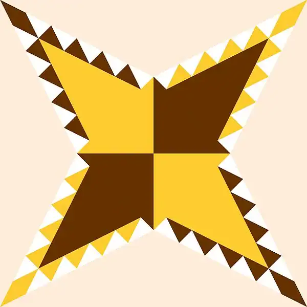 Pine Burr Quilt Block A geometric star pattern with four yellow and brown points, bordered by alternating white and gold triangles, on a light beige background.