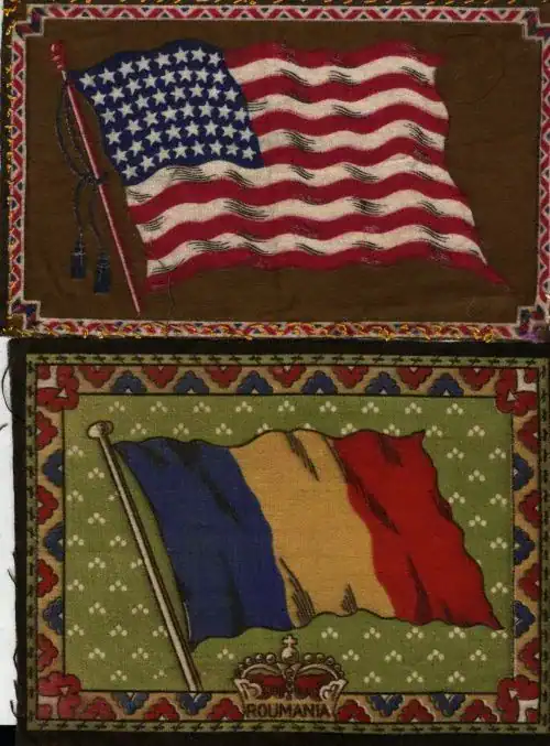 Two vintage flag illustrations: the top shows the U.S. flag with 48 stars on a brown background; the bottom shows Romanias tricolor flag with ROUMANIA and a royal crown beneath on a green background with dots.