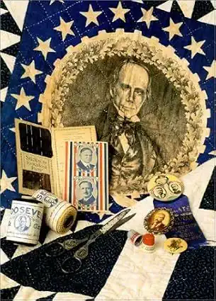 A quilt with a sepia portrait at the center, surrounded by vintage campaign buttons, scissors, Roosevelt memorabilia, thread spools, stamps, and fabric—all arranged on a blue, white, and black star-patterned background—captures the spirit of Americana celebrated in the Quilt History List January 1997.