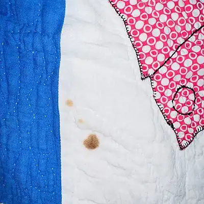 A close-up of a quilt with blue, white, and red patterned fabric, showing a brown stain on the white section; the image is part of the March 1997 QHL Archives.